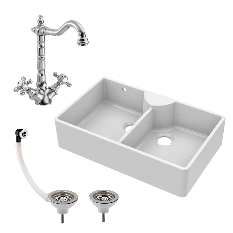 Image of Balterley Fireclay Double Bowl Butler Sink French Classic Tap and Waste 895mm White
