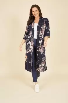 Image of Navy Curve Satin Butterfly Print Long Kimono