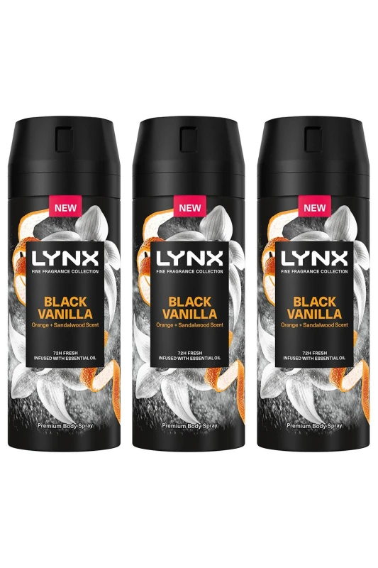 Image of Lynx Fine Fragrance Black Vanilla Deo 'Body Spray'150ml 3 Pack Orange male