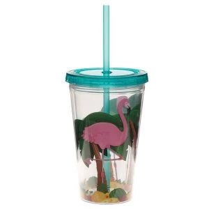 Image of Funky Flamingo Double Walled Cup with Lid and Straw