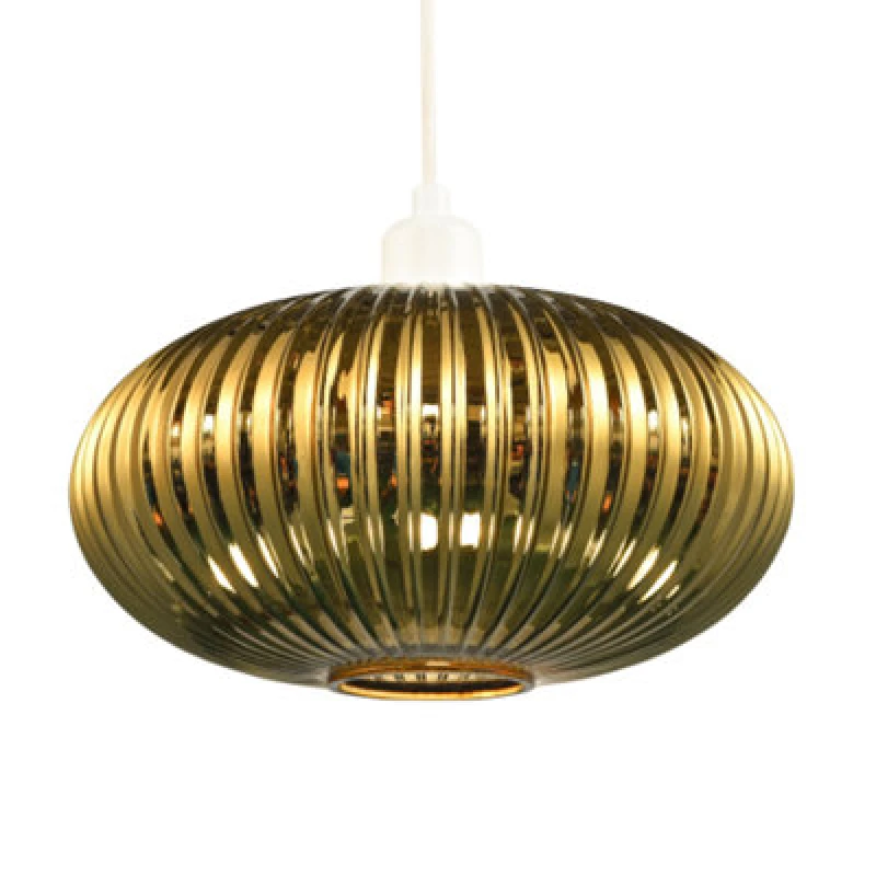 Image of Happy Homewares Modern Designer Shiny Gold Plated Line Ribbed Glass Oval Pendant Lamp Shade