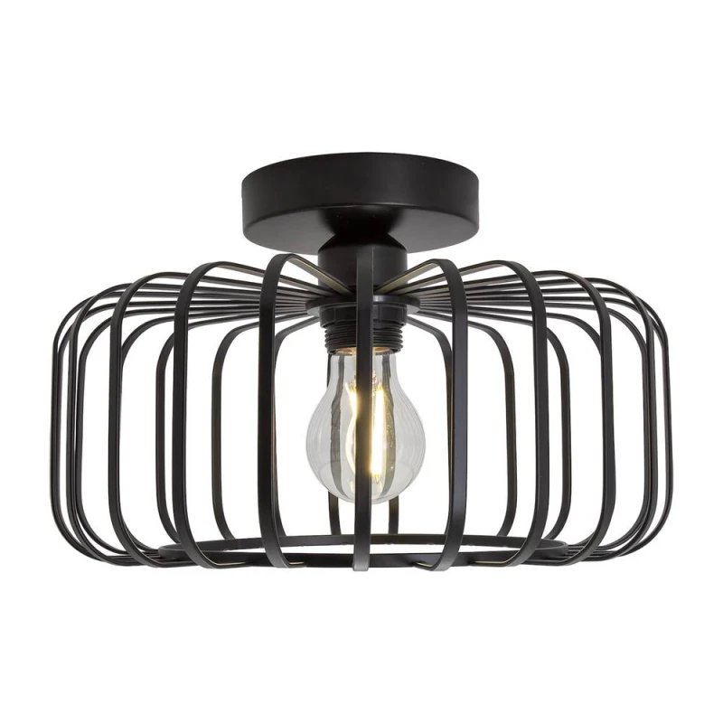 Image of Happy Homewares Industrial Cage Designed Matte Black Metal Semi Flush Ceiling Light Black Unisex