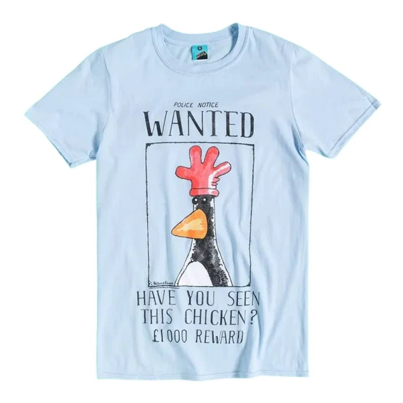 Image of Wallace & Gromit Mens Feathers McGraw Wanted Poster T-Shirt in Pale Blue Size: Medium Pale Blue Male M