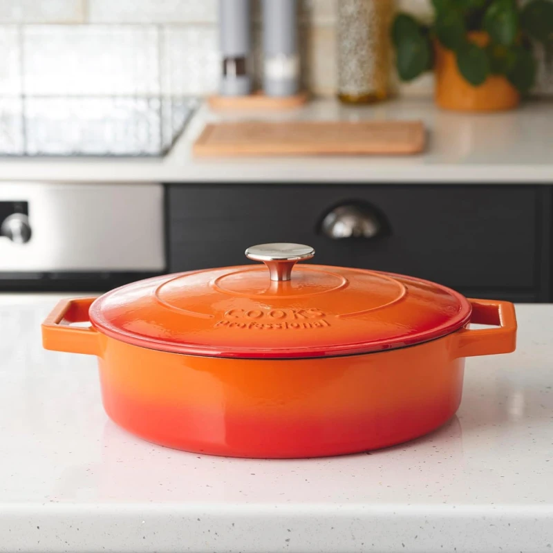 Image of Cooks Professional Cast Iron Casserole Dish 28cm Oven Proof Enamelled Pan with Lid in Orange Orange Unisex