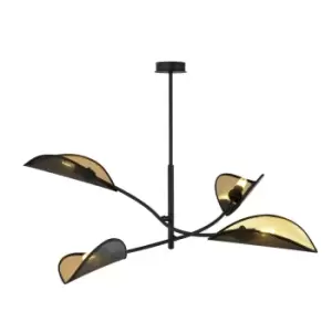 Image of Emibig Lotus Black Multi Arm Semi Flush Ceiling light with Black, Gold Fabric Shades, 4x E14
