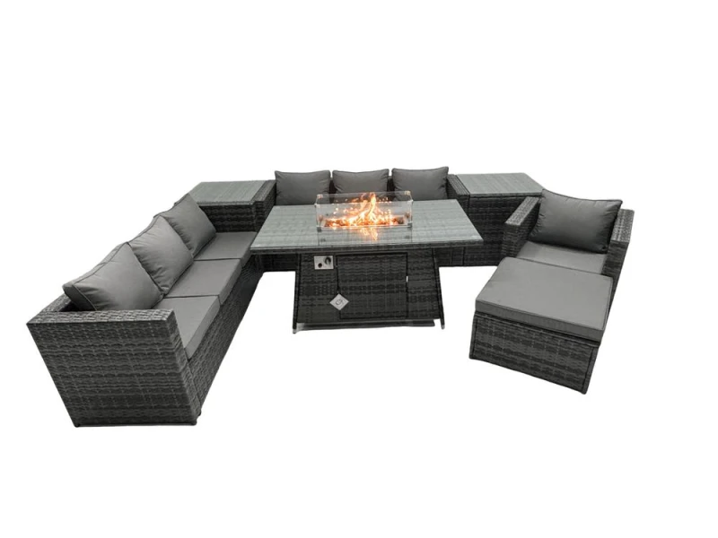 Image of Fimous Rattan Garden Furniture Firepit Dining Set 8 Seater Lounge Sofa Table Set with 2 side table big Footstool Dark Grey