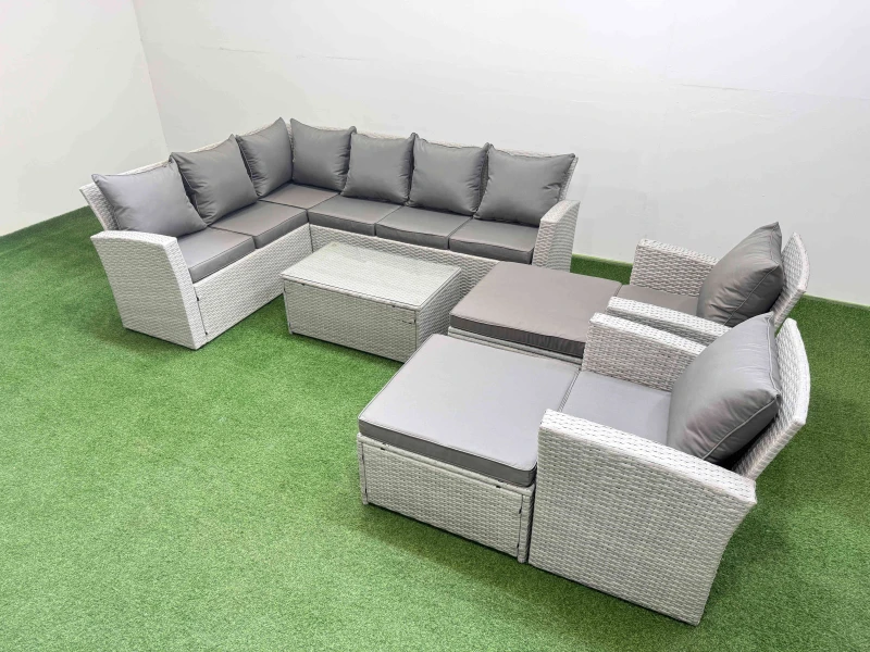 Image of Fimous 10 Seater Garden Outdoor PE Rattan Furniture Set with 2 Big Footstools 2 Chair Light Grey Mixed Light Grey Unisex