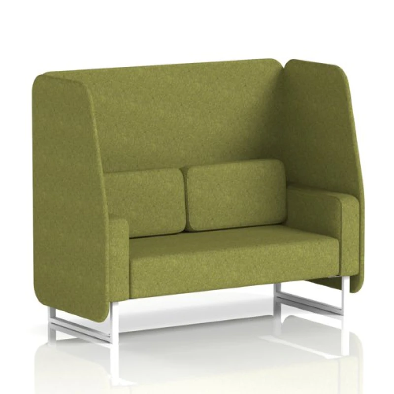 Image of Brixworth 2 Seater Open Office Booth with White Legs in Rivet Fabric - Olive Panels and Sofa