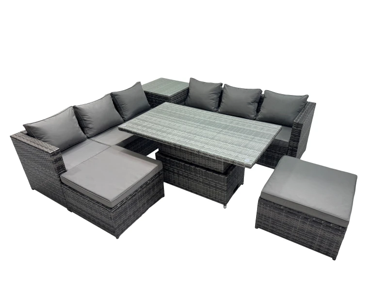Image of Fimous 8 Seater Outdoor Garden Rattan Furniture Set with 2 Big Stools in Dark Grey Dark Grey Unisex