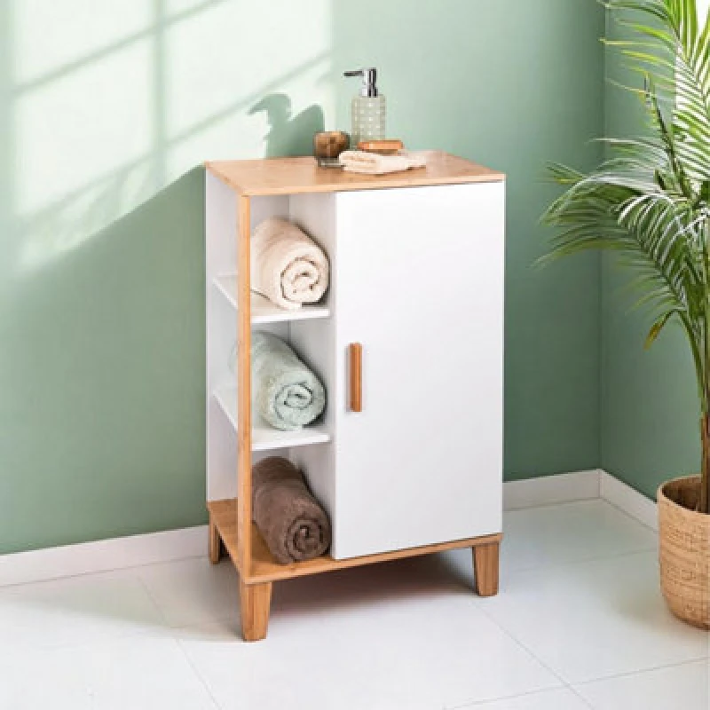 Image of Showerdrape Varallo White & Bamboo Freestanding Bathroom Cabinet White