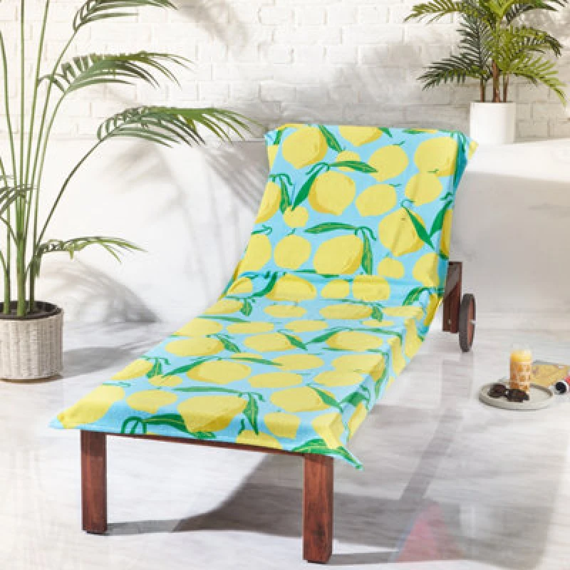Image of Catherine Lansfield Lemons Deck Chair Hood Beach Towel Aqua