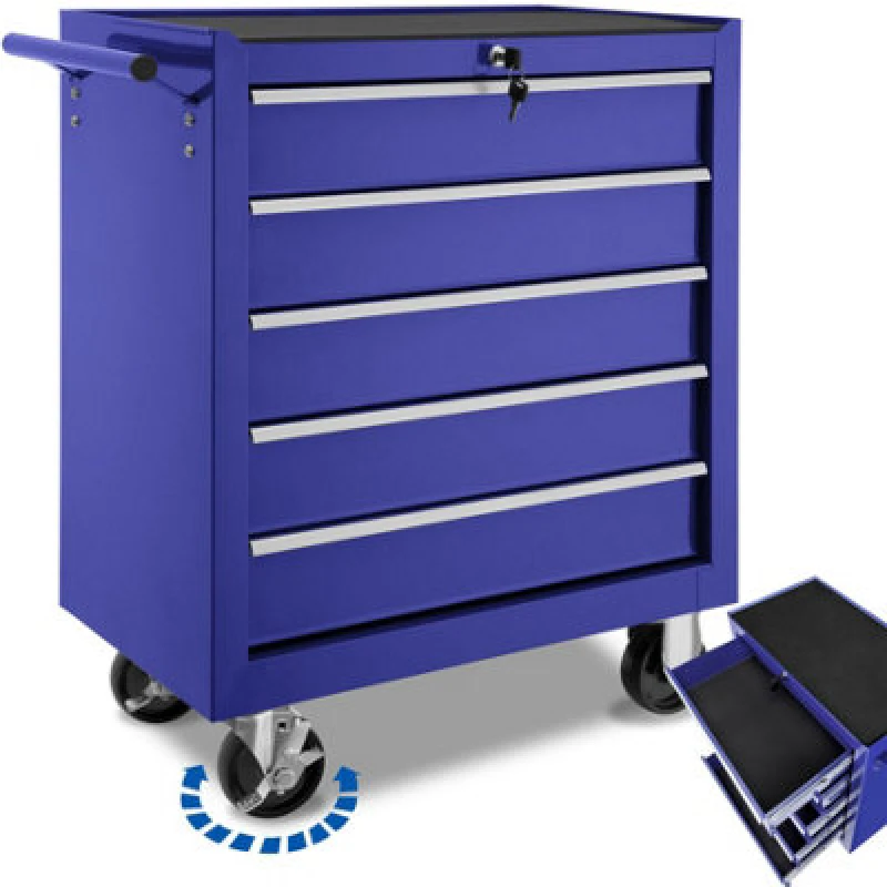 Image of Tectake Tool Chest - With Wheels, 5 Drawers, Central Locking System - Blue