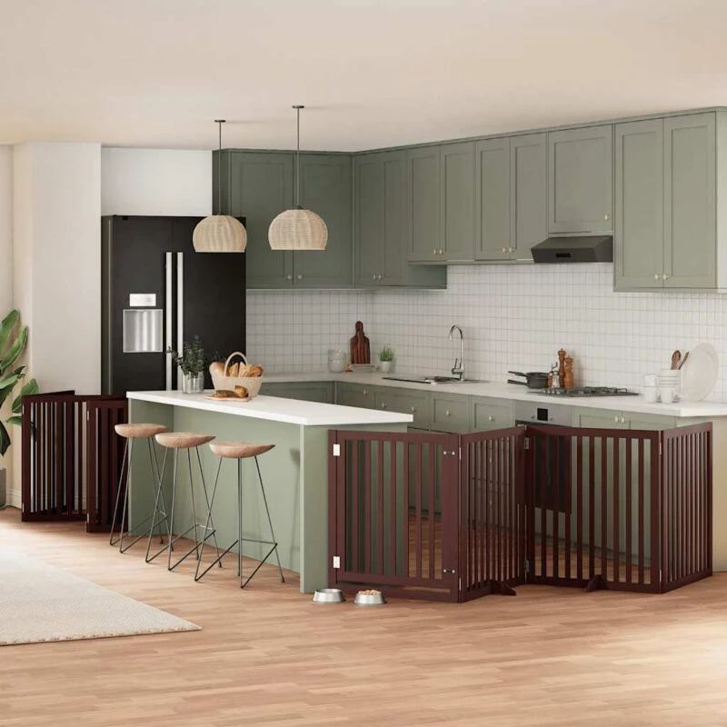 Image of vidaXL Dog Gate with Door Foldable 12 Panels Brown 960cm Poplar Wood, Brown 3155696