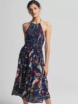 Image of Superdry Vintage Smocked Halter Neck Dress - Navy, Size 16, Women