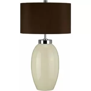 Image of Table Lamp Small Ceramic Cream Glaze Brown Faux Silk Empire Shade LED E27 60W