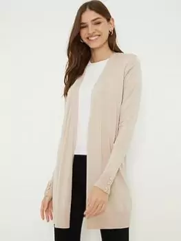 Image of Dorothy Perkins Longline Button Cuff Cardigan - Stone, Beige, Size S, Women