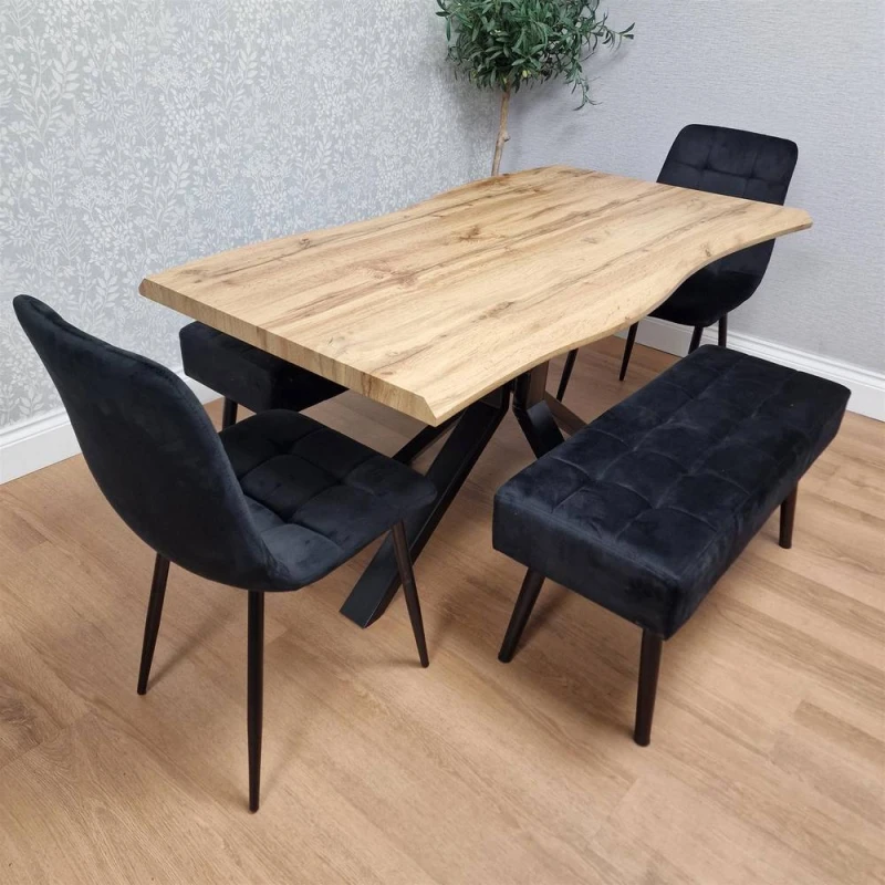 Image of KOSY KOALA Dining Table Set with 2 Black Chairs & 2 benches Dining Furniture in Brown Brown Unisex