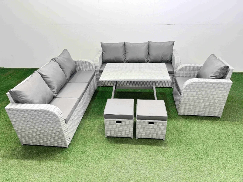 Image of Fimous 6 Pieces Outdoor PE Rattan Garden Furniture with 2 Small Stools in Light Grey Light Grey Unisex