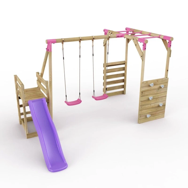 Image of Rebo Wooden Double Swing Set with Monkey Bars and Slide - Venus Pink Pink
