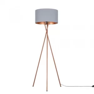 Image of Camden Copper Tripod Floor Lamp with XL Grey and Copper Reni Shade