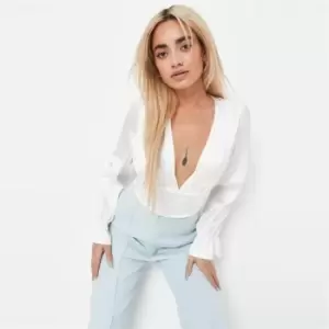 Image of Missguided Plunge Long Sleeve Bodysuit Satin - White