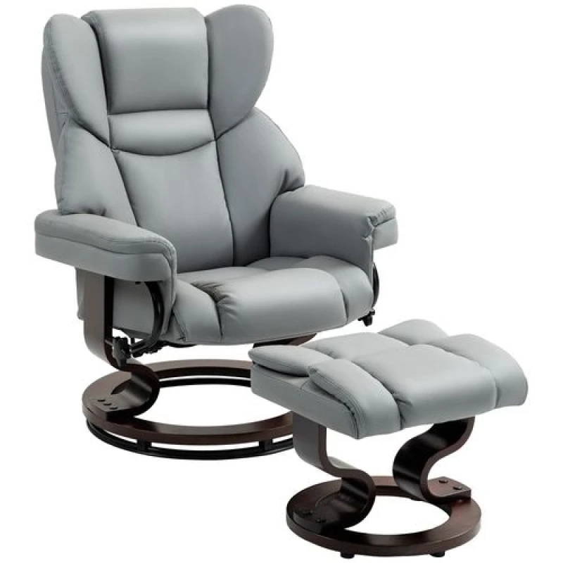 Image of HOMCOM Padded PU Leather Manual Reclining Armchair Sofa Chair w/ Footstool Light Grey