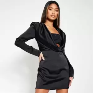 Image of I Saw It First Satin Extreme Padded Shoulder Cowl Dress With Diamante Bralet - Black