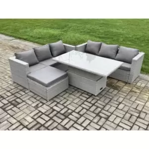 Image of Fimous 6 Seater Outdoor Light Grey Rattan Lounge Complete Sofa Set with Height Adjustable Table and Big Footstool