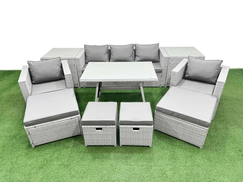 Image of Fimous 10 Pieces Outdoor Pe Rattan Sofa Armchair Set Patio Garden Furniture Sets With Cushions 2 Side Tables 4 Stools Light Grey