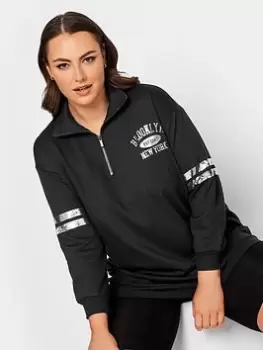 Image of Yours Metallic Varsity Half Zip Sweatshirt, Black, Size 30-32, Women