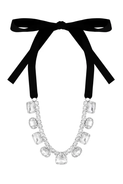 Image of Silver Crystal Stone Set Cupchain Black Fabric Tie Necklace