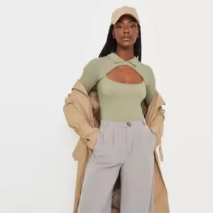Image of Missguided Ls Collared Cut Out Bodysuit - Green
