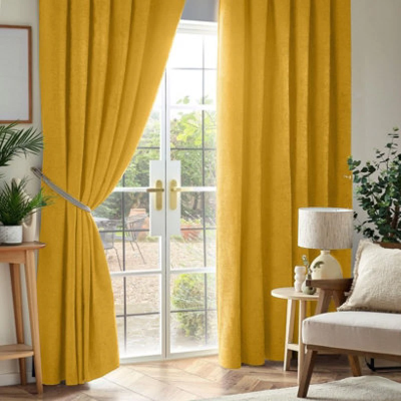 Image of Luxury Living Chenille Blackout Pencil Pleat Top Curtains 117Cm X 137Cm Ochre