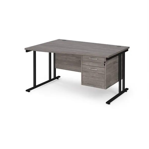 Image of Maestro 25 left hand wave desk 1400mm wide with 2 drawer pedestal - Black cantilever leg frame, grey oak top