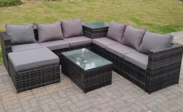 Image of Fimous 6 Seater Outdoor Dark Grey Rattan Lounge Complete Sofa Set with Oblong Coffee Table and Big Footstool