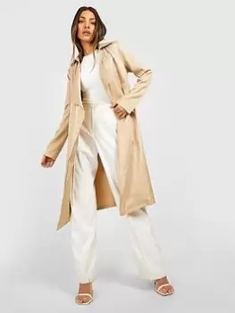 Image of Boohoo Longline Belted Trench Coat - Stone, Grey, Size 8, Women