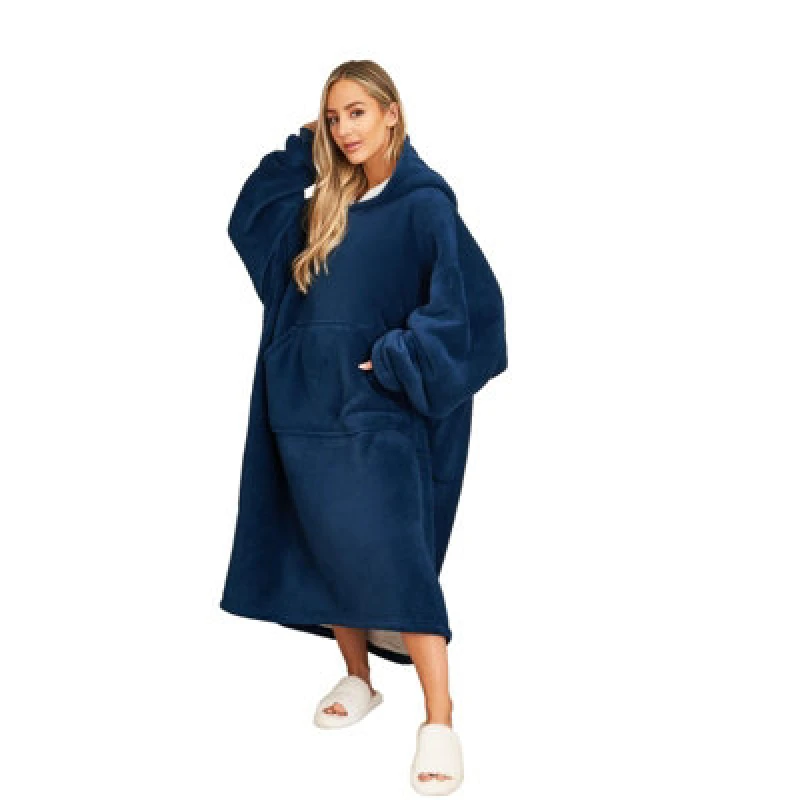 Image of OHS OHS Long Oversized Sherpa Fleece Hoodie Blanket in Navy Navy One Size Unisex 5027434145225
