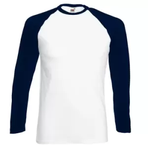 Image of Fruit Of The Loom Mens Long Sleeve Baseball T-Shirt (S) (White/Deep Navy)
