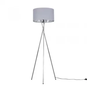 Image of Camden Chrome Tripod Floor Lamp with XL Grey and Chrome Reni Shade