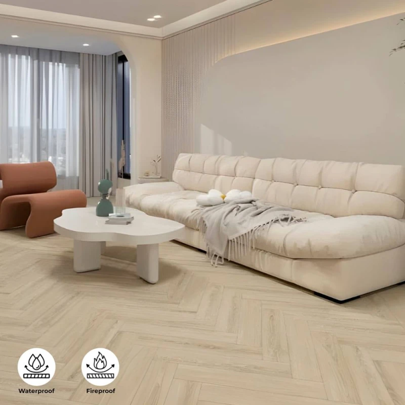 Image of ENER-J BRITWALL SPC Herringbone Vinyl Flooring - Natural Oak 6mm Size: 10000mm x 520mm Natural Unisex 10000mm x 520mm