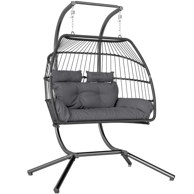 Image of Outsunny Rattan Double Hanging Egg Chair with Stand, Cushion, Dark Grey 867-239V70CG