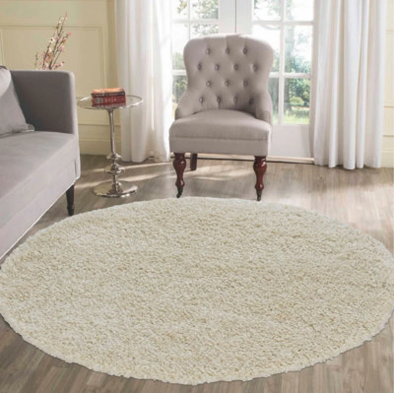 Image of Desire Rugs Plain Living Room Shaggy Area Rugs Ivory Round 120X120 Cm