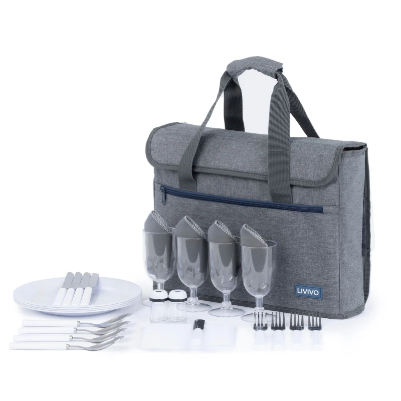 Image of LIVIVO 4 Person Picnic Briefcase Bag with Tableware Set Grey