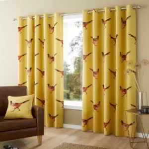 Image of Fusion Pheasant Contemporary Print 100% Cotton Eyelet Lined Curtains, Ochre, 90 x 90 Inch