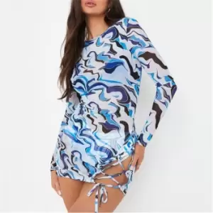 Image of Missguided Abstract Print Mesh Tie Side Beach Cover Up Mini Dress - Blue