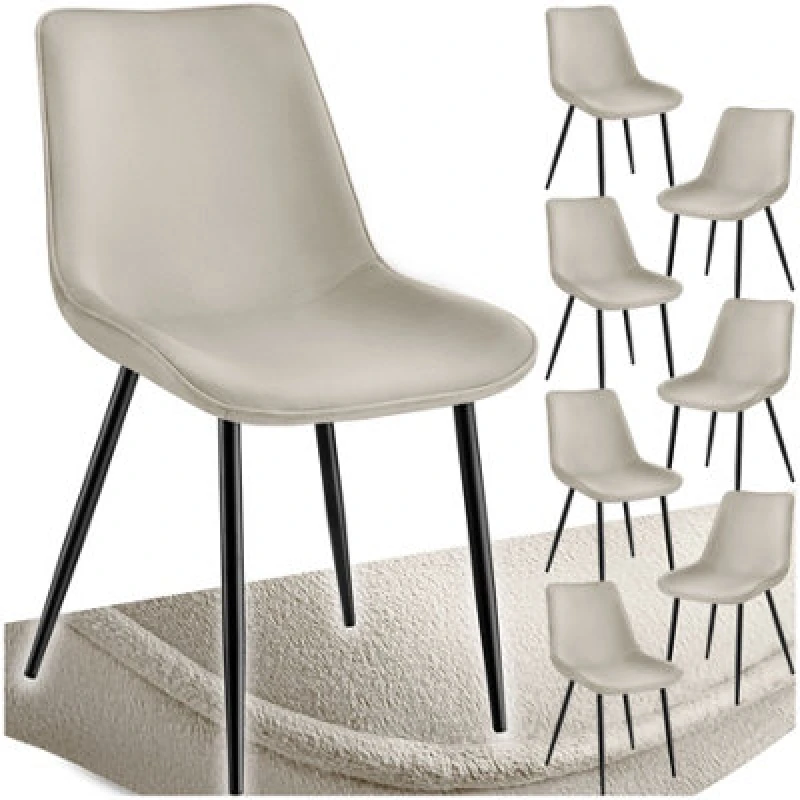 Image of Tectake Set Of 8 Dining Chair Monroe - Padded, Velvet Look, Ergonomic Seat, Black Steel Legs - Cream