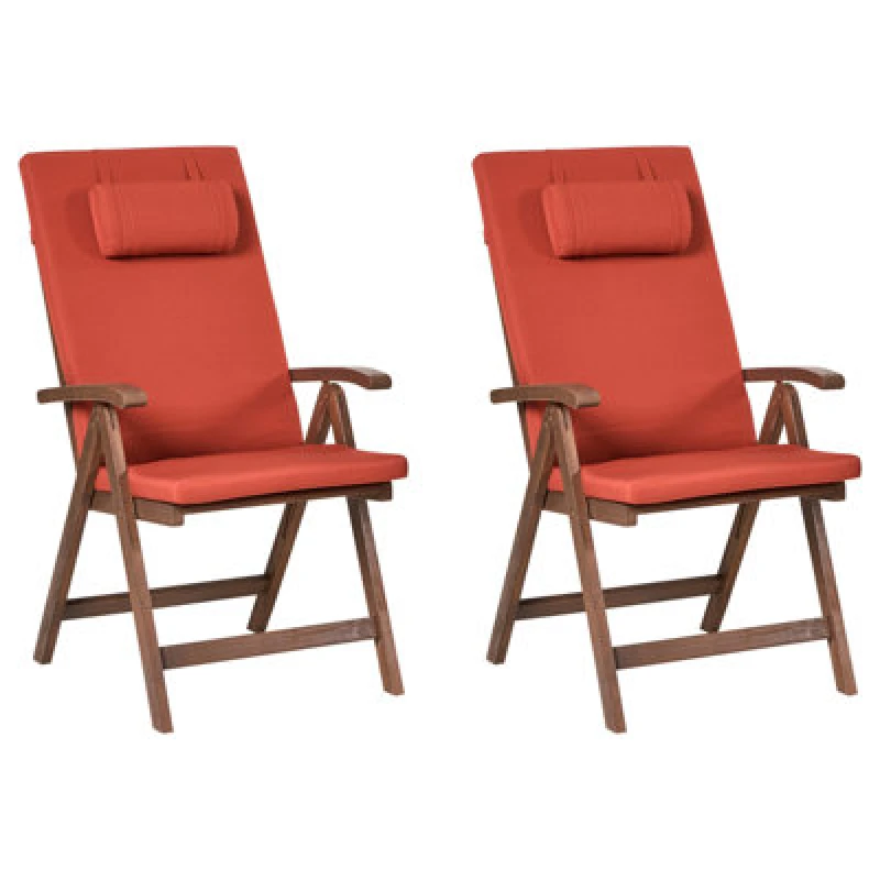 Image of Beliani Set Of 2 Garden Chairs With Cushions Amantea Premium Acacia Wood Red