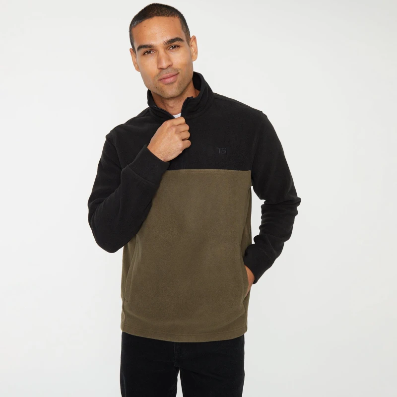 Image of Threadbare Threadbare Men 'Wham' Two Tone Quarter Zip Fleece Jumper in Black Size: Medium Black M Male 7625914351470