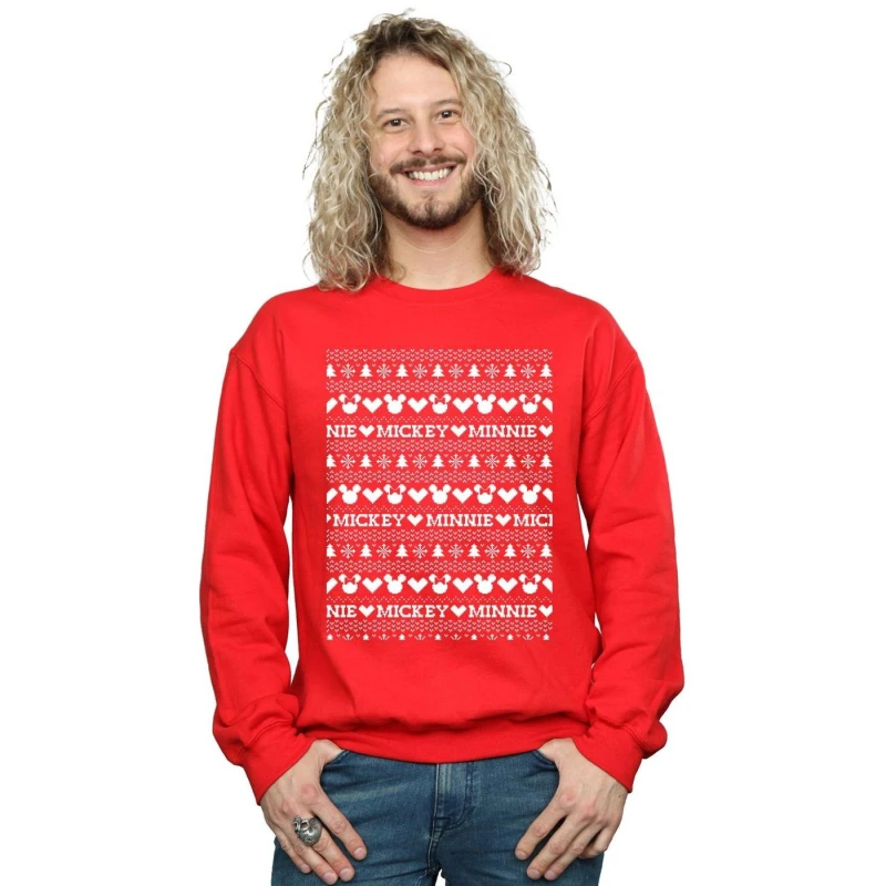 Image of Disney Men Mickey And Minnie Christmas Fair Isle Sweatshirt in Red Size: Small Red S Male 5057736013762