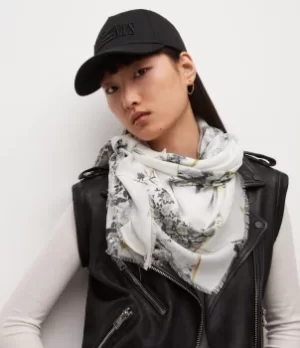 Image of AllSaints Womens Buruberu Skull Large Square Scarf, White, Grey and Gold